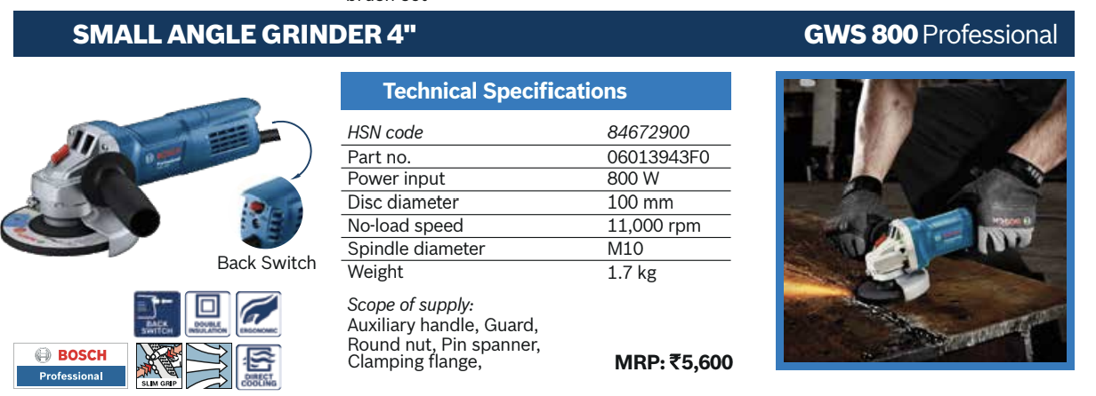 ANGLE GRINDER 4"/100MM GWS-800 (800WATT) BOSCH