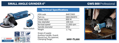 ANGLE GRINDER 4"/100MM GWS-800 (800WATT) BOSCH